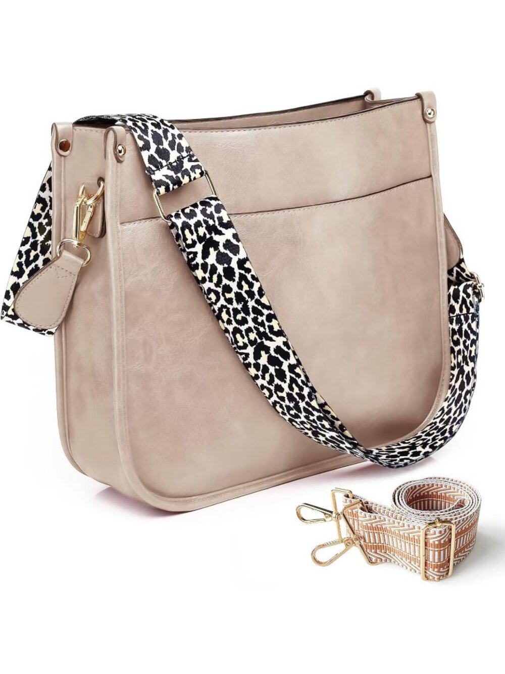 Women's Beige Vegan Leather Purse Bag Crossbody Bags With 2 Adjustable Straps